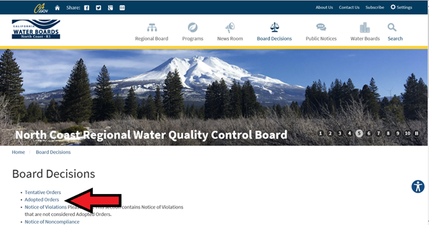 Screenshot of Water Boards - Board Decisions navigation menu with Adopted Orders link highlighted