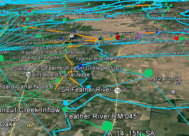 Example SacWAM representation of a section of the Feather River