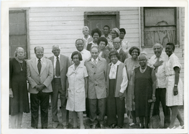 Black and white group photograph of the Col. Allensworth State Historic Park Advisory Committee, featuring 18 people.