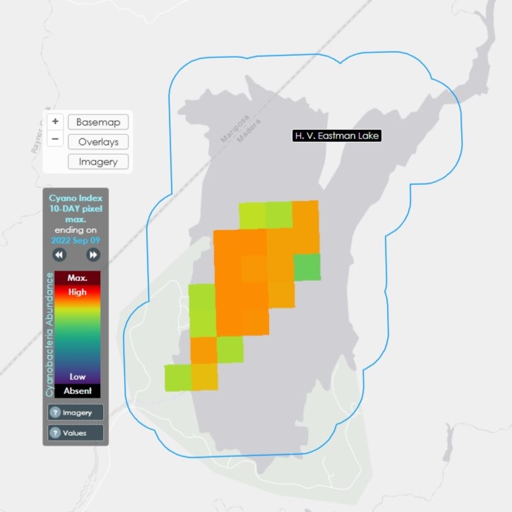 Map of H.V. Eastman Lake with light grey basemap and cyanobacteria abundance represented as colored pixels across the lake.