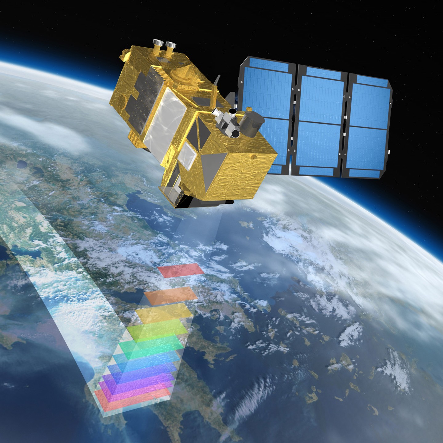 Digital picture of a Sentinel-2 satellite over earth with a beam of light stretching from the earth to the satellite.