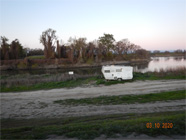 View of Smith canal levee under driving bridge showing homeless encampment tents and debris. - Date of 03.11.2020 shows at the bottom of the photo