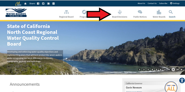 Screenshot of Water Boards website with Board Decisions navigation icon highlighted