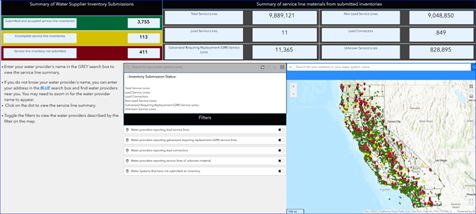 Thumbnail preview image of the California service line inventory data dashboard. The dashboard summarizes inventory submissions and service line materials using data filters and an interactive map of water systems in California.