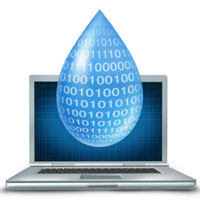 Computer with water drop containing 1's and 0's