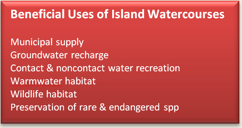 Text Box: Beneficial Uses of Island Watercourses     Municipal supply  Groundwater recharge  Contact & noncontact water recreation  Warmwater habitat  Wildlife habitat  Preservation of rare & endangered spp