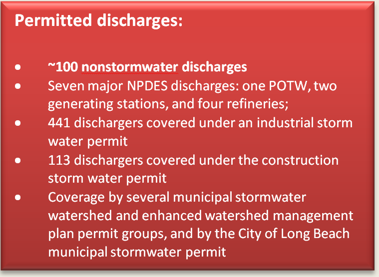 Text Box: Permitted discharges:    •	~100 nonstormwater discharges  •	Seven major NPDES discharges: one POTW, two generating stations, and four refineries;   •	441 dischargers covered under an industrial storm water permit  •	113 dischargers covered under the construction storm water permit  •	Coverage by several municipal stormwater watershed and enhanced watershed management plan permit groups, and by the City of Long Beach municipal stormwater permit