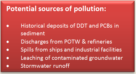 Text Box: 	Potential sources of pollution:  	  •	Historical deposits of DDT and PCBs in sediment  •	Discharges from POTW & refineries  •	Spills from ships and industrial facilities  •	Leaching of contaminated groundwater  •	Stormwater runoff    