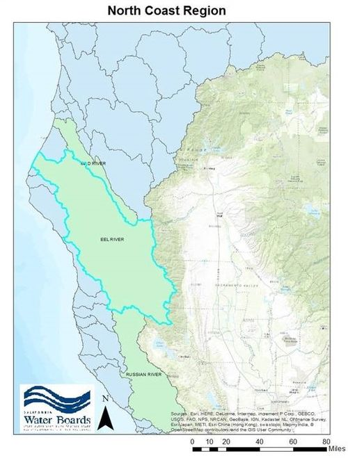 Map showing the Three Watersheds Sbuject to the Seasonal Discharge Prohibition in the North Coast Region (Eel river, Russian River, and Mad River)
