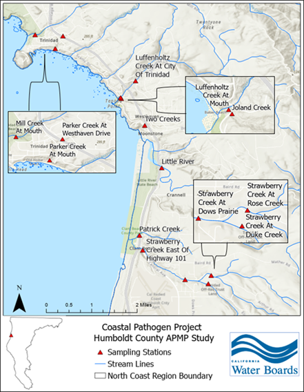 A map showing the locations from where samples were  collected for the Humboldt County APMP Study