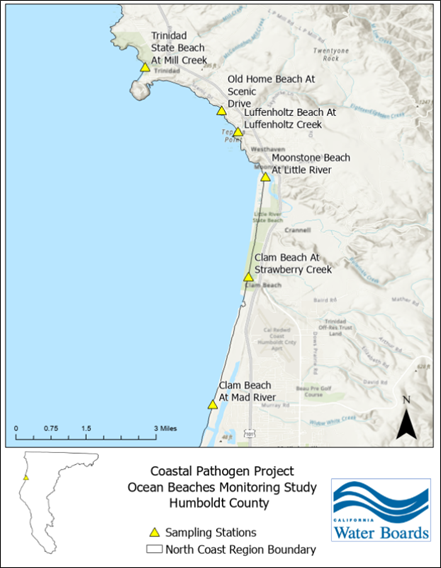 A map of the locations from where samples were collected  for the Ocean Beaches Monitoring Study from six impaired beaches in Humboldt  County