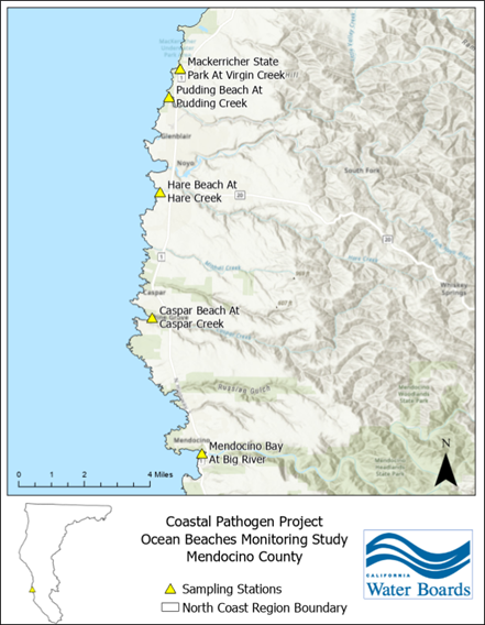 A map showing the locations from where samples were  collected for the Ocean Beaches Monitoring Study from five impaired beaches in  Mendocino County