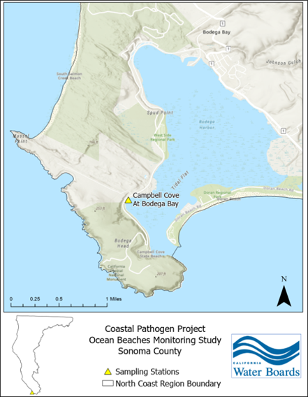 A map showing the location from where samples were  collected for the Ocean Beaches Monitoring Study from one impaired beach in  Sonoma County