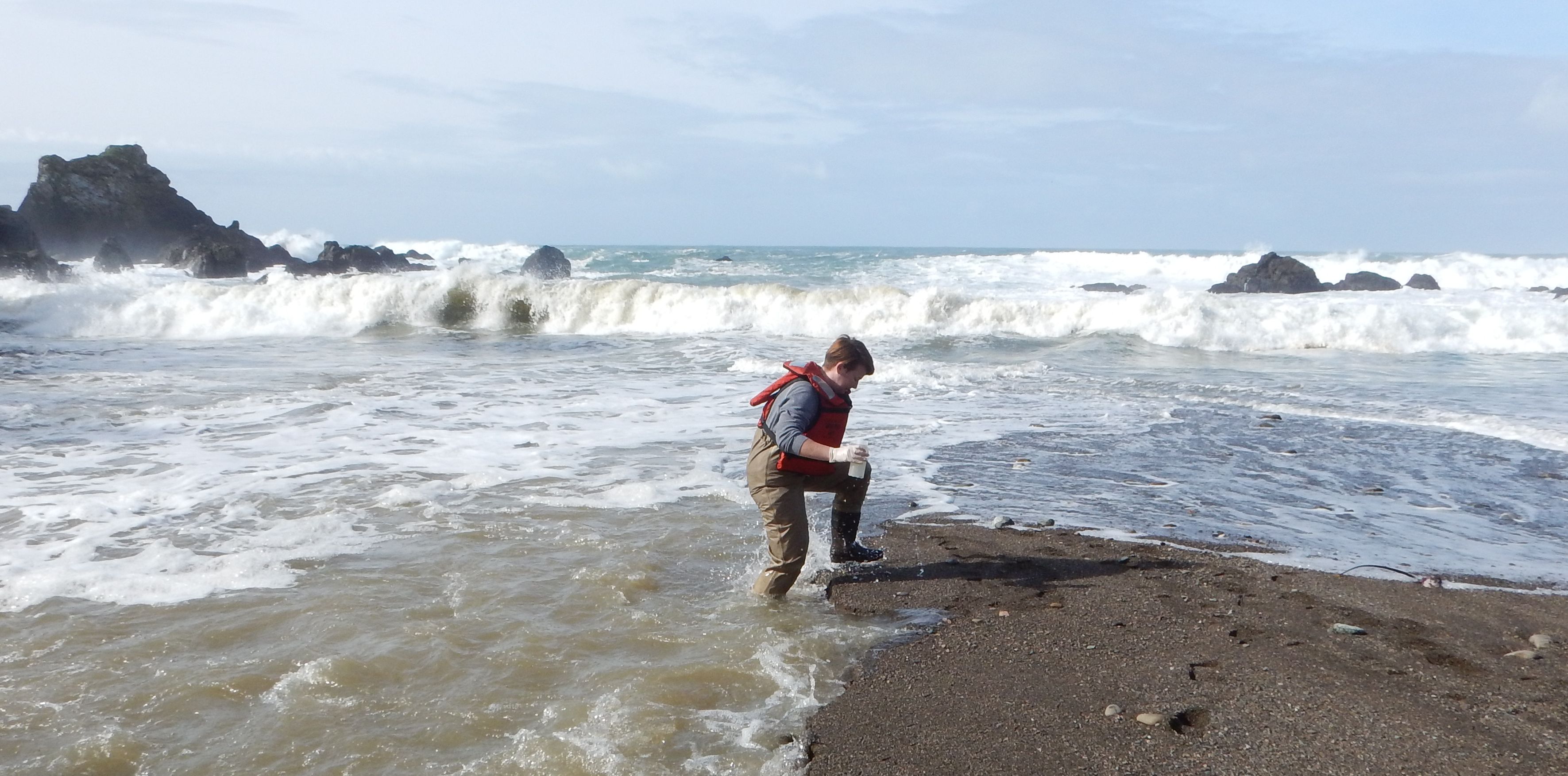 member of the Watershed Stewardship Program collecting water samples for fecal indicator bacteria analysis from the Stillwater Cove in Sonoma County
