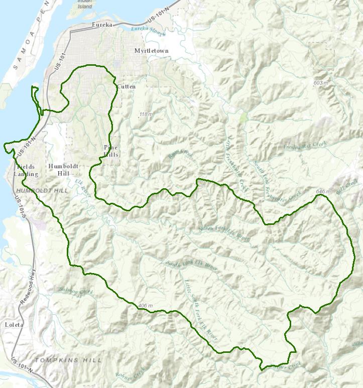 Map oveview showing the area of the Elk River Watershed - HUCs 110.000201, 202, 301, 302, 401, 402