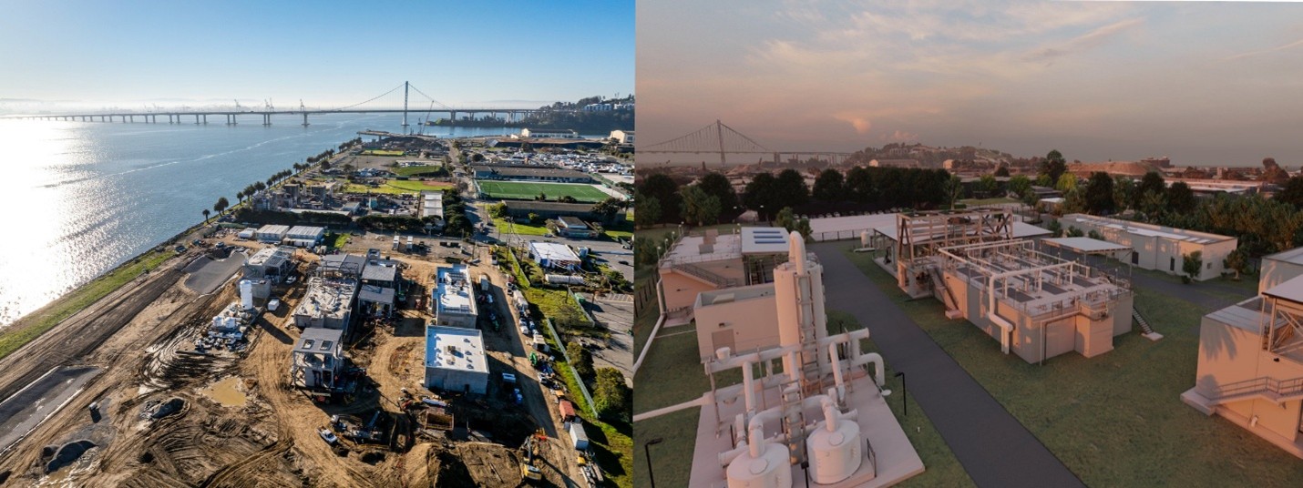 Left: Current construction at the Treasure Island site. Right: A rendering of the final plant.