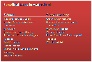 Text Box: Beneficial Uses in watershed:    Estuary			Above estuary  Industrial service supply		Groundwater recharge  Contact & noncontact water	Contact & noncontact water     recreation			   recreation  Navigation			Warmwater habitat  Commercial & sportfishing	Wetlands Habitat  Protection of rare & endangered	Protection of rare & endangered     species			   species  Wildlife habitat		Wildlife habitat  Marine habitat  Migration of aquatic organisms  Spawning   Estuarine habitat    