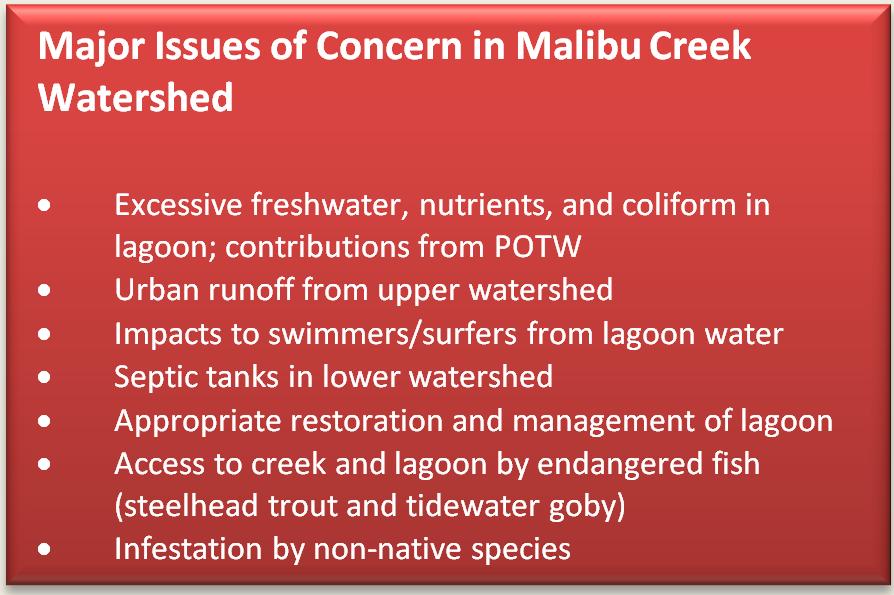 Text Box: 	Major Issues of Concern in Malibu Creek Watershed  	  •	Excessive freshwater, nutrients, and coliform in lagoon; contributions from POTW  •	Urban runoff from upper watershed  •	Impacts to swimmers/surfers from lagoon water  •	Septic tanks in lower watershed  •	Appropriate restoration and management of lagoon  •	Access to creek and lagoon by endangered fish (steelhead trout and tidewater goby)  •	Infestation by non-native species    