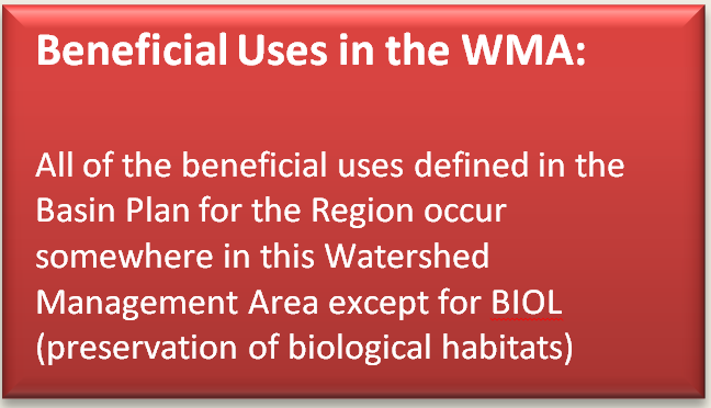 Text Box: Beneficial Uses in the WMA:    All of the beneficial uses defined in the Basin Plan for the Region occur somewhere in this Watershed Management Area except for BIOL (preservation of biological habitats)