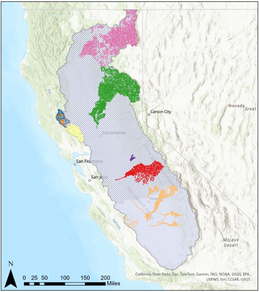 The map depicts the geographical area requested for Tribal Beneficial Use designations by 13 tribes, some region wide, some for whole watershed, and some for specific extents of waterbodies