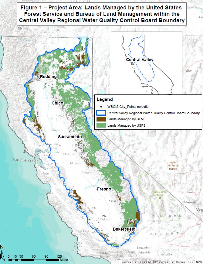 Figure 1 - Project Area Map: Lands Managed by the United States Forest Service and Bureau of Land Management within the Central Valley Regional Water Quality Control Board Boundary