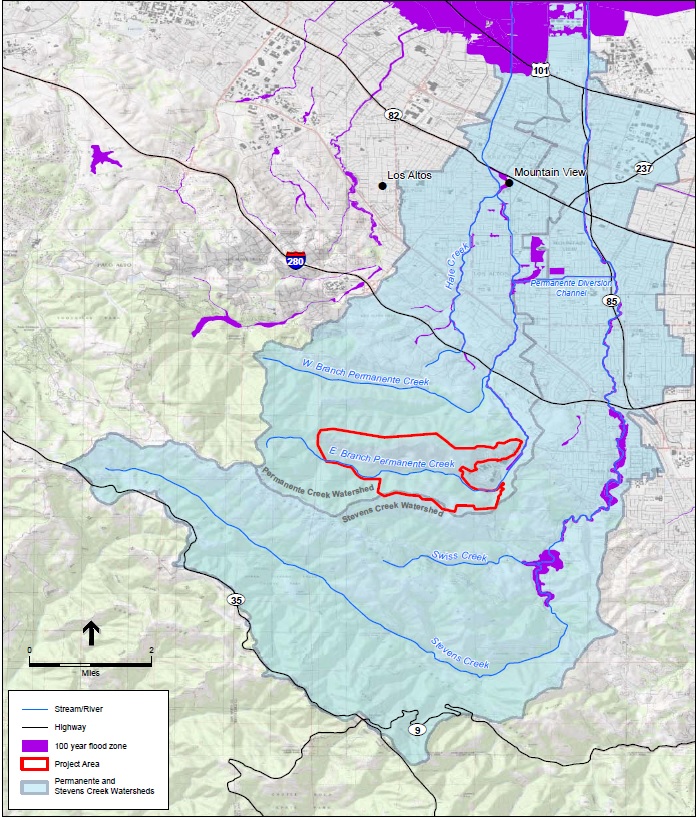 Map showing the locations of Permanente and Stevens Creek watersheds as well as the location of the Lehigh Permanente Quarry in red outline