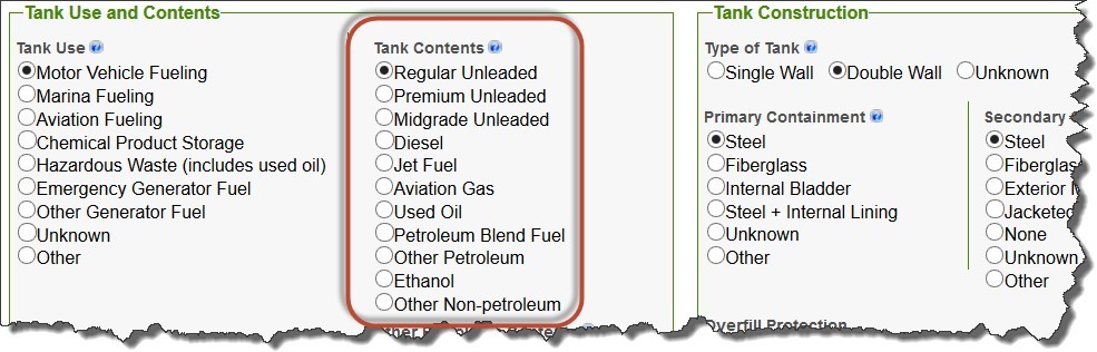 Screenshot of ‘Tank Contents’ sub section