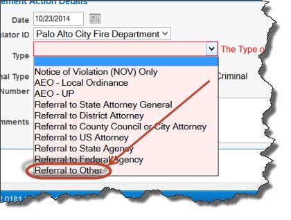 Depicts 'Type of Action' drop down. Select 'Referral to Other'.