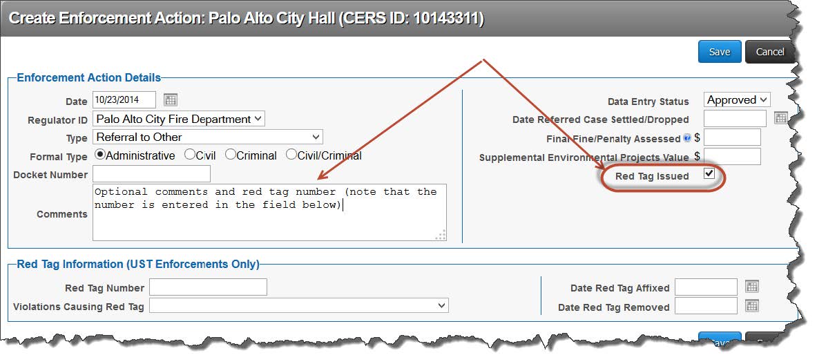 Depicts selection of 'Red Tag Issued' box, and location for required comment.
