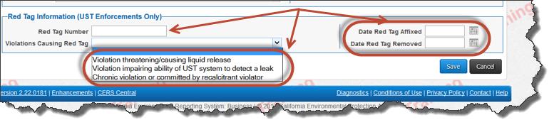 Depicts 'Red Tag' date boxes and location of 'Violation Causing Red Tag' drop down menu.
