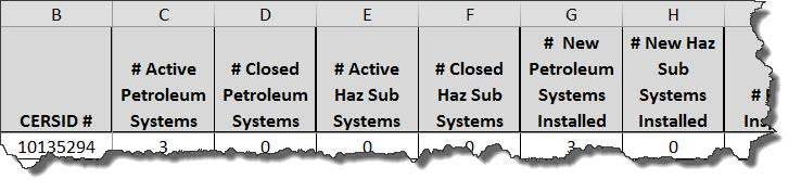 Screenshot of where to verify the number of underground tank systems in columns B through H