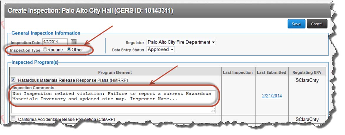 Screenshot of ow to report non-inspection related violations