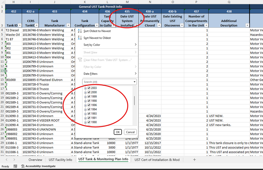 Screenshot of the 'UST Tank and Monitoring plan Info' tab with a red circle highlighting 'Column 430' which is named 'Type of Action' and a red box highlighting 'UST Permanent Closure on Site' and 'UST Removal' in the drop down list of column 430.