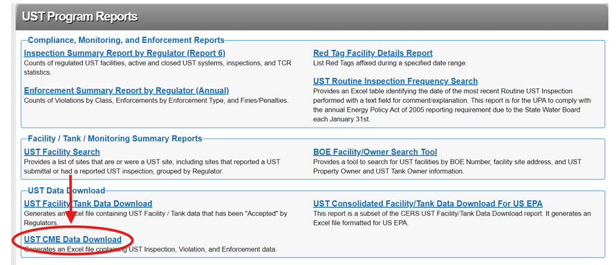 Screenshot of the CERS Regulator Reports page with a red arrow pointing to the 'UST Facility/Tank Data Download' in the UST Program Reports section, highlighted by a red circle