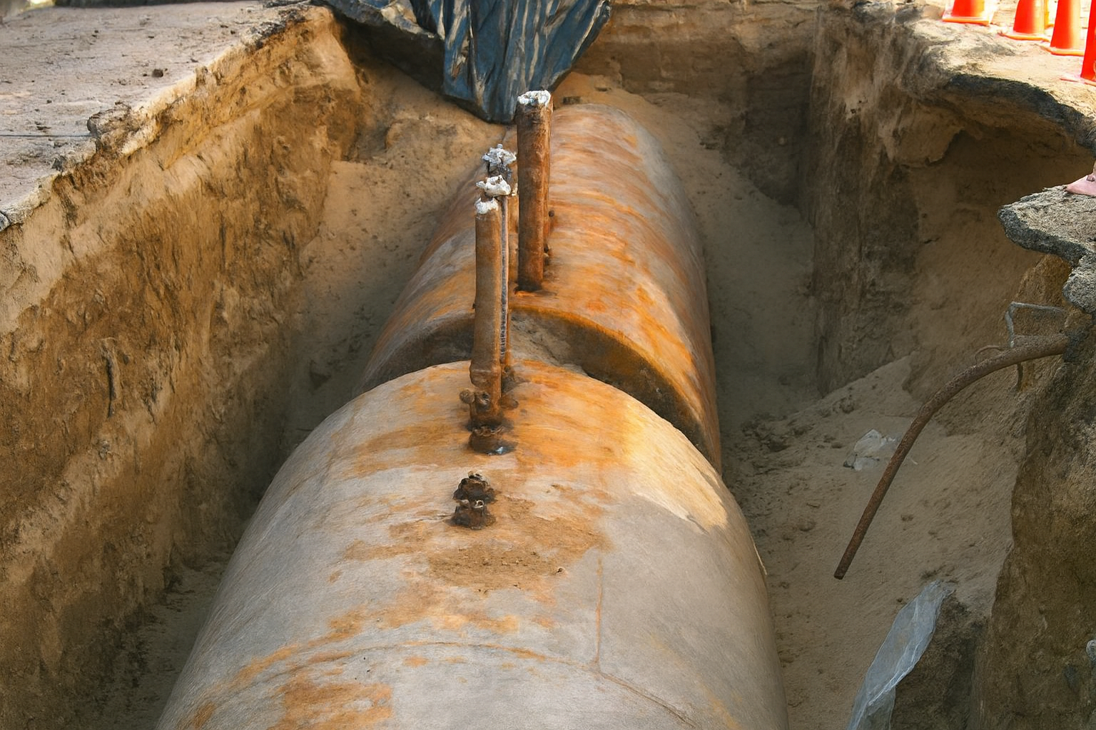 Rusted, exposed single-walled storage tank