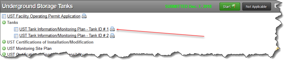Screenshot of selecting the UST tank that is being changed to a TUIGA, then selecting ‘Start New Submittal