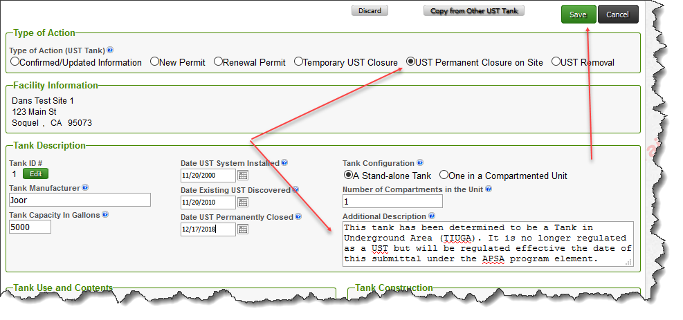 Screenshot of selecting ‘Permanent Closure Onsite’, entering a comment in the description box and then selecting ‘Save’