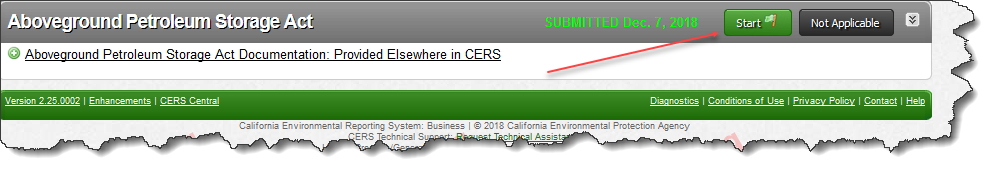 Screenshot of selecting ‘Start’ in the Aboveground Petroleum Storage Act submittal page