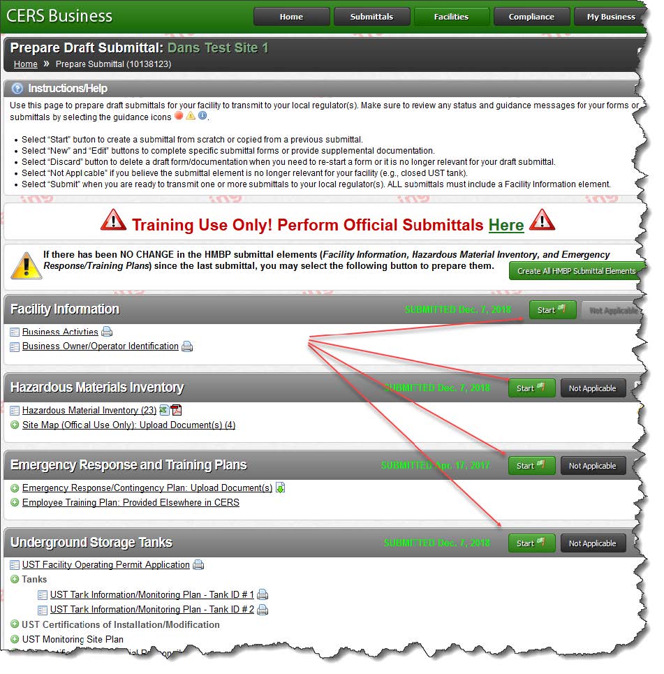 Screenshot of clicking the start button on facility Information, Hazardous Materials Inventory, Emergency Response and Training Plans, and Underground Storage Tanks