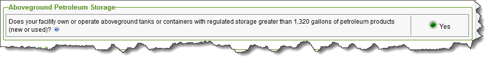 Screenshot of the Aboveground Petroleum question on the Business Activities Screen with the answer selected ‘YES’