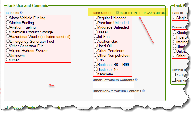 Screenshot of ‘Tank Contents’ sub section