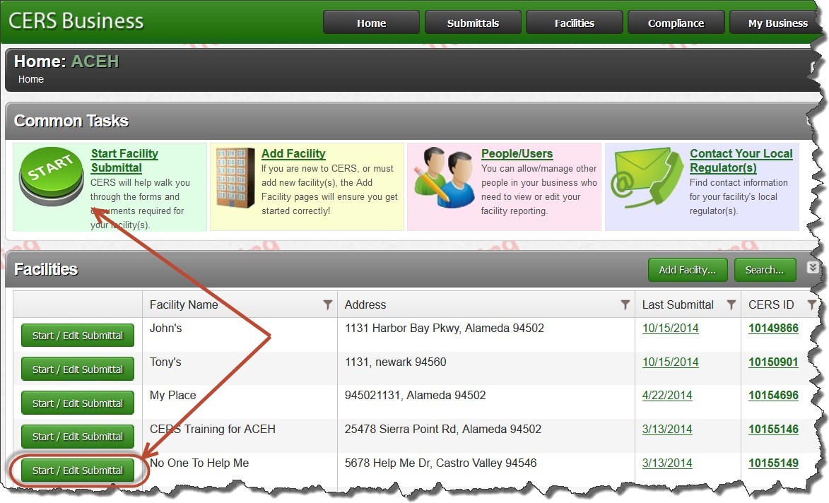 Screenshot of an example logging in and finding your facility. Select one of the ‘Start/Edit Submittals’ buttons