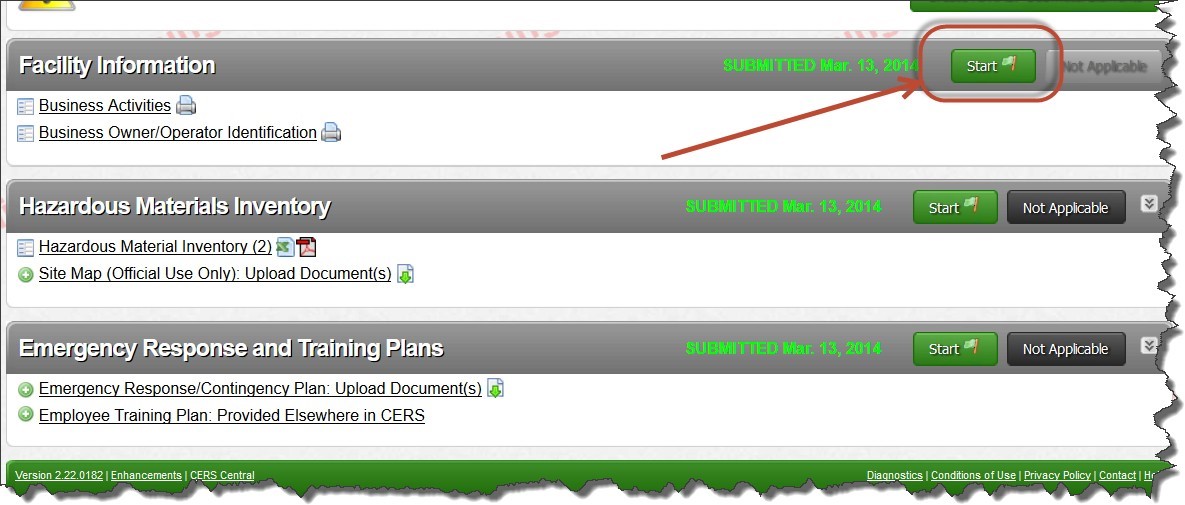 Screenshot of the screen showing the last submittal and the submittal elements that were a part of it, selecting the ‘Start’ button in the Facility Information Tab