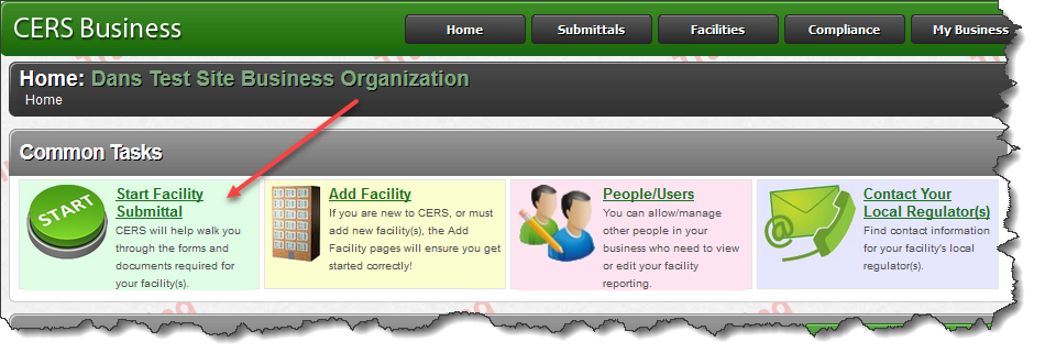 Screenshot of Start Facility Submittal’’