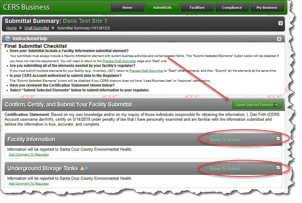 Screenshot of Select ‘Submit Selected Elements’: