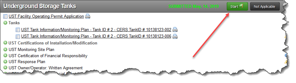 Screenshot of Underground Storage Tanks submittal element’