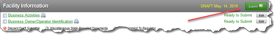 Screenshot of CERS returns to the Submittal elements page. Select ‘Submit’ for the Facility Information submittal element: