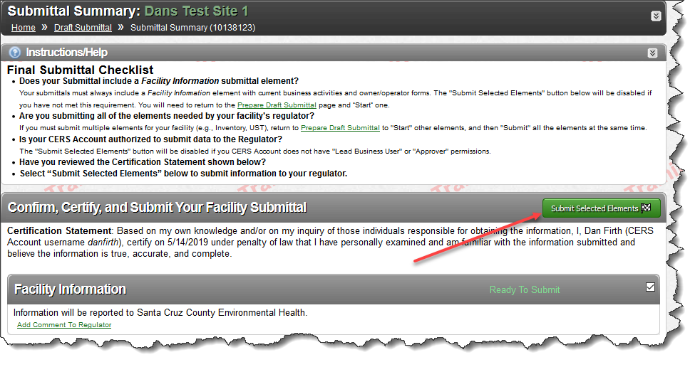 Screenshot of UST Submittal Element in CERS showing it set to ‘applicable’ or ‘always applicable’