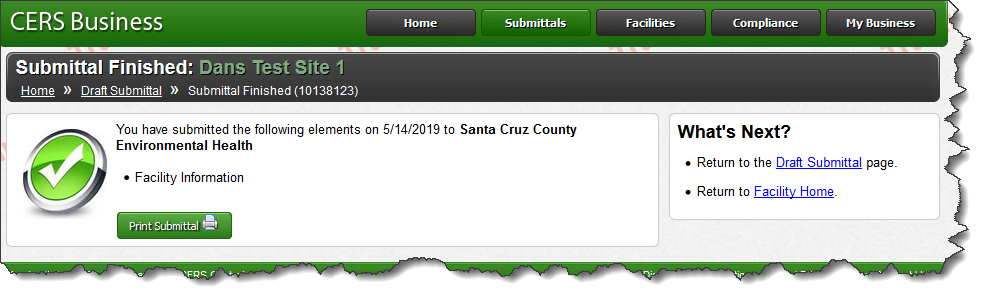 Screenshot of CERS documents that the submittal has been received.