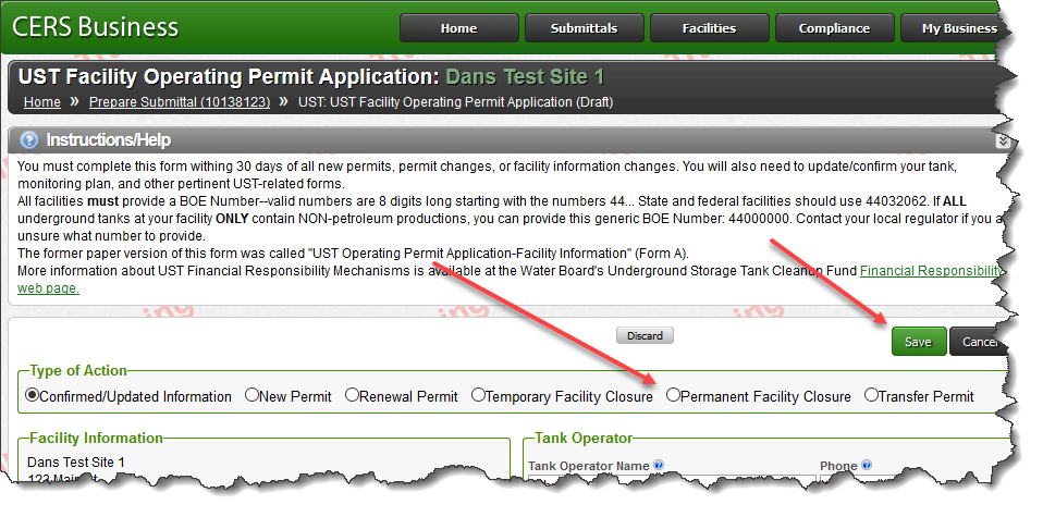 Screenshot of‘Permanent Facility Closure’ and then ‘Save’